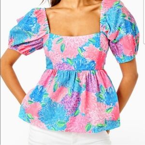 NWOT Lilly Pulitzer Kay Baby Doll Top Puff Sleeves Neon Beach House Bloom Sz 14